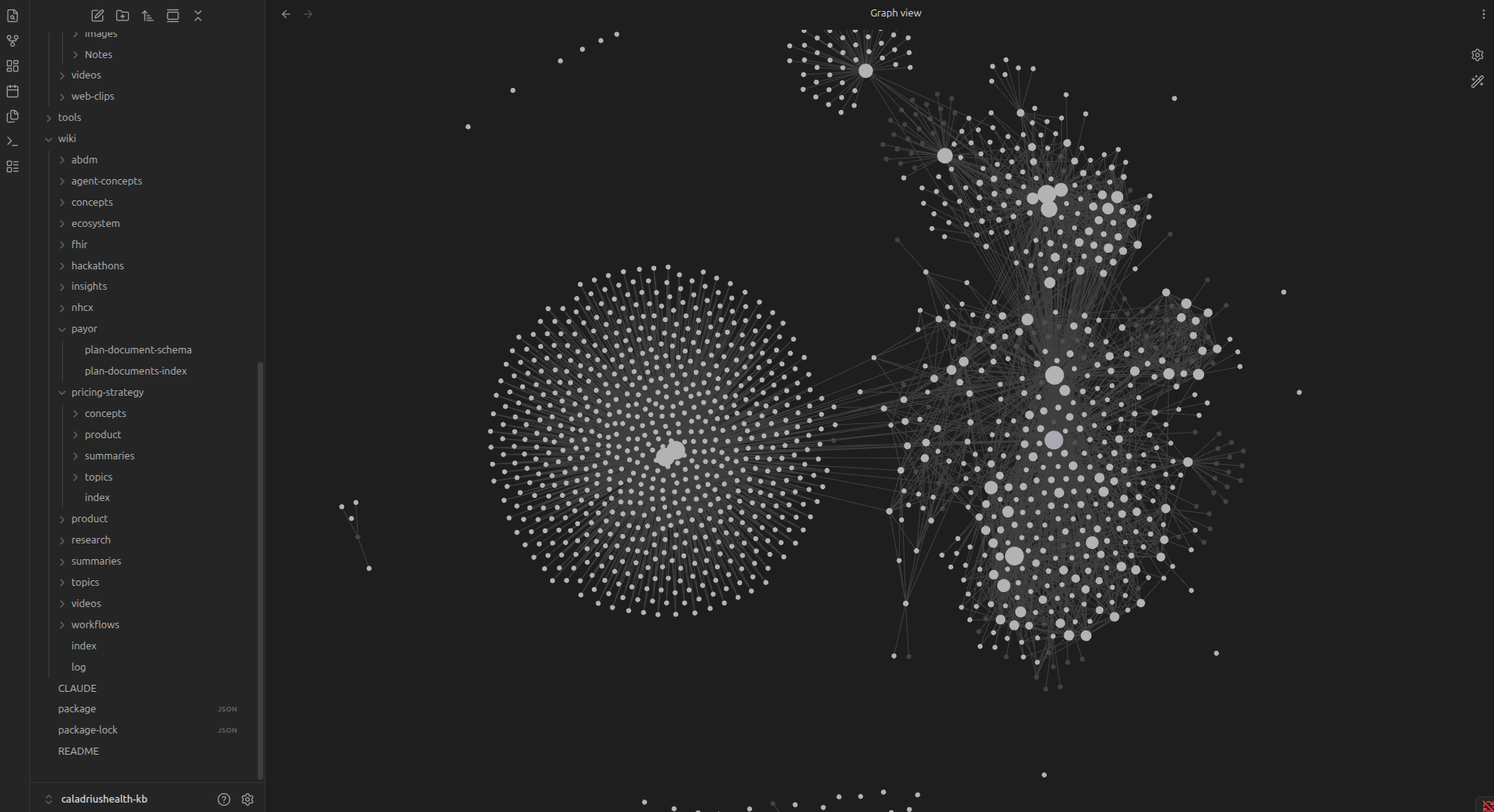 The Caladrius Health knowledge base visualised as an Obsidian graph — hundreds of interlinked concept, workflow, and feature notes clustered by domain (NHCX, agent-concepts, FHIR, ABDM, payor plans, pricing strategy).